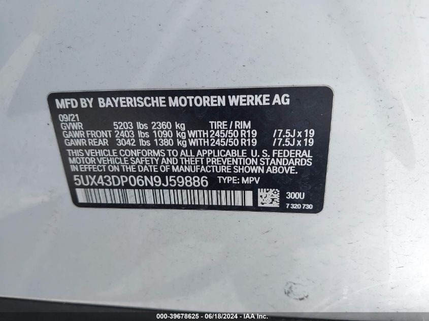 5UX43DP06N9J59886 2022 BMW X3 Sdrive30I