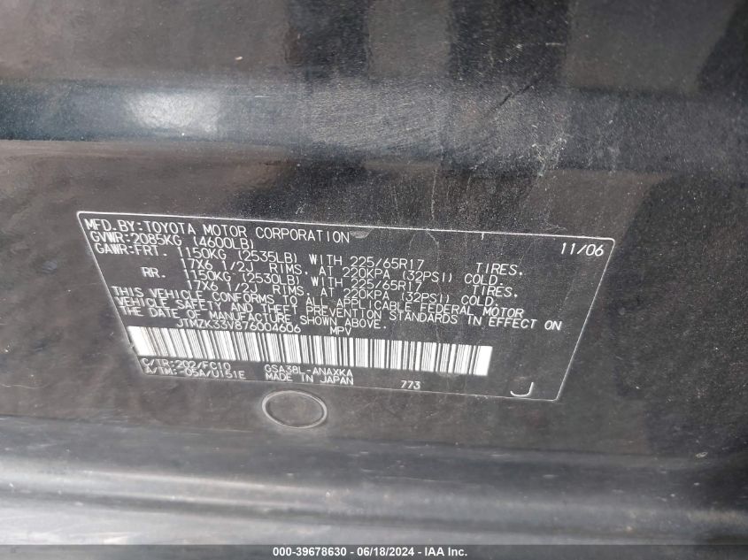 2007 Toyota Rav4 Base V6 VIN: JTMZK33V876004606 Lot: 39678630