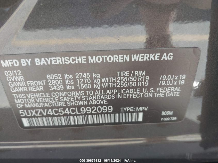 2012 BMW X5 VIN: 5UXVV4C54CL992099 Lot: 39678632