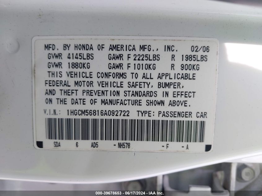 2006 Honda Accord 2.4 Ex VIN: 1HGCM56816A092722 Lot: 39678653