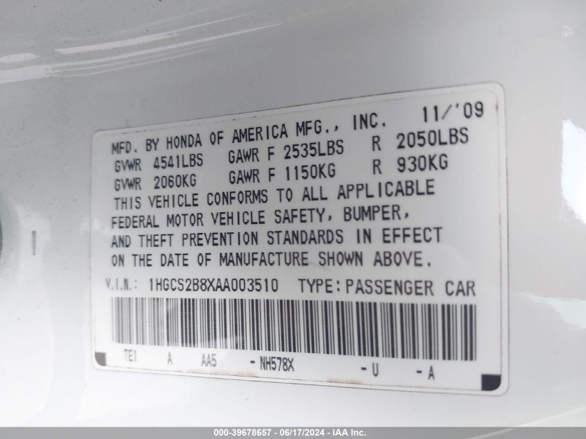 2010 Honda Accord 3.5 Ex-L VIN: 1HGCS2B8XAA003510 Lot: 39678657