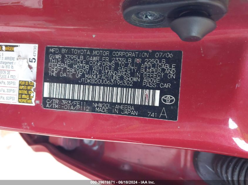 2006 Toyota Prius VIN: JTDKB20U063195302 Lot: 39678671