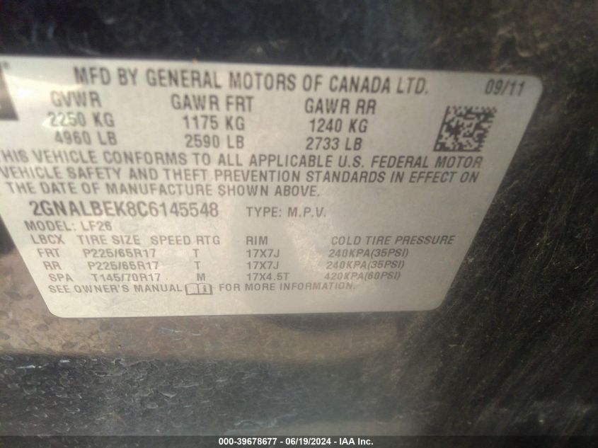 2012 Chevrolet Equinox Ls VIN: 2GNALBEK8C6145548 Lot: 39678677