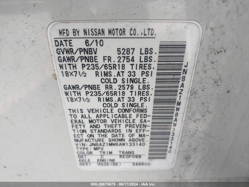 2010 Nissan Murano Sl VIN: JN8AZ1MW8AW133140 Lot: 39678678