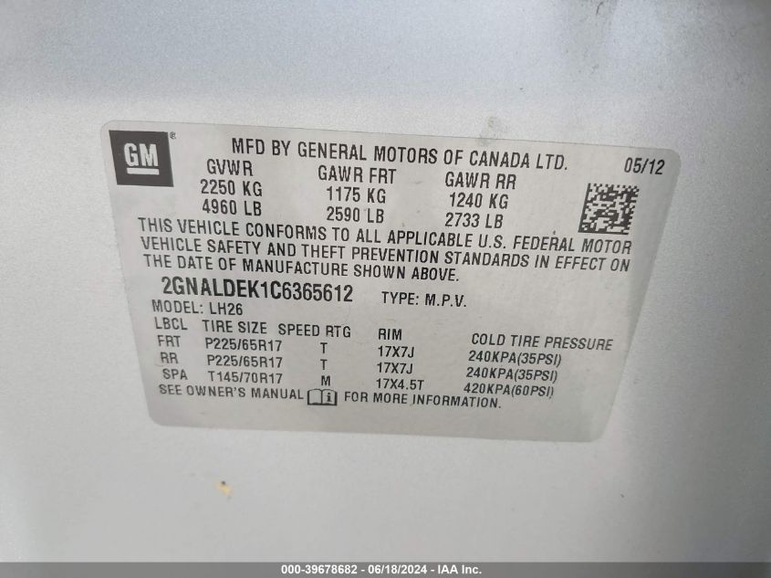 2012 Chevrolet Equinox 1Lt VIN: 2GNALDEK1C6365612 Lot: 39678682