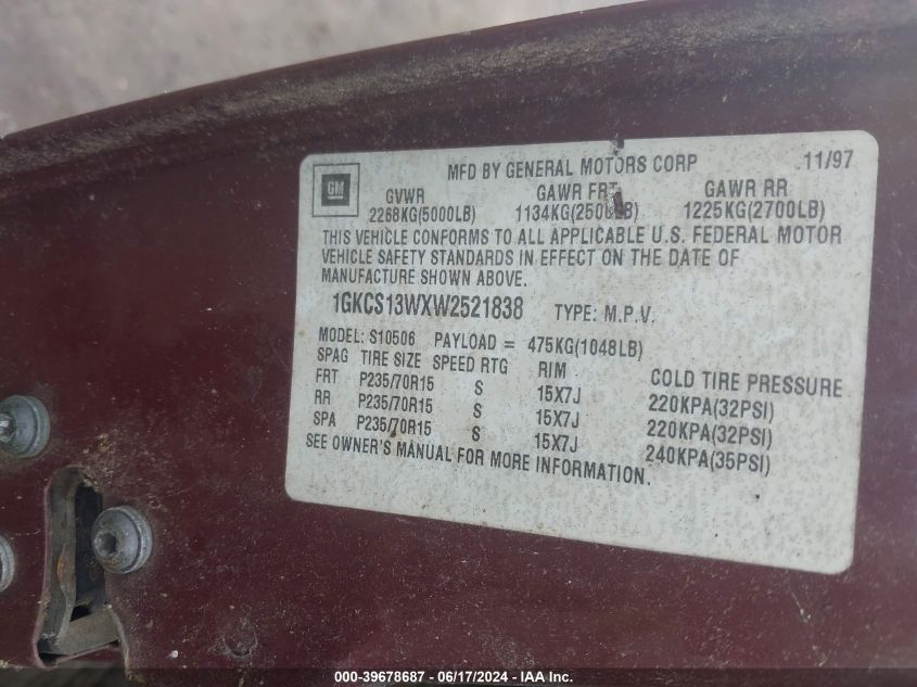 1998 GMC Jimmy Slt VIN: 1GKCS13WXW2521838 Lot: 39678687