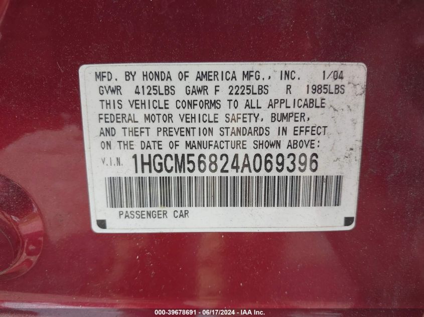 2004 Honda Accord 2.4 Ex VIN: 1HGCM56824A069396 Lot: 39678691