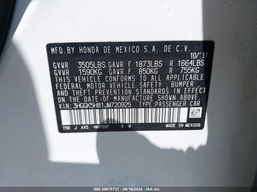 2018 Honda Fit Ex VIN: 3HGGK5H81JM720925 Lot: 39678721