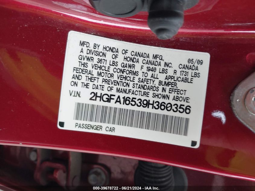 2009 Honda Civic Lx VIN: 2HGFA16539H360356 Lot: 39678722