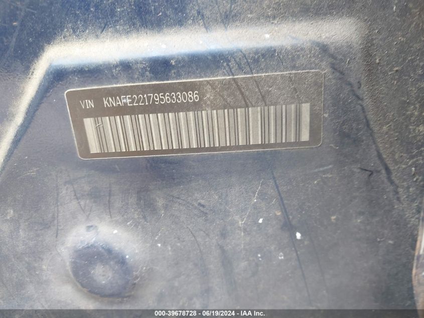 2009 Kia Spectra Ex VIN: KNAFE221795633086 Lot: 39678728