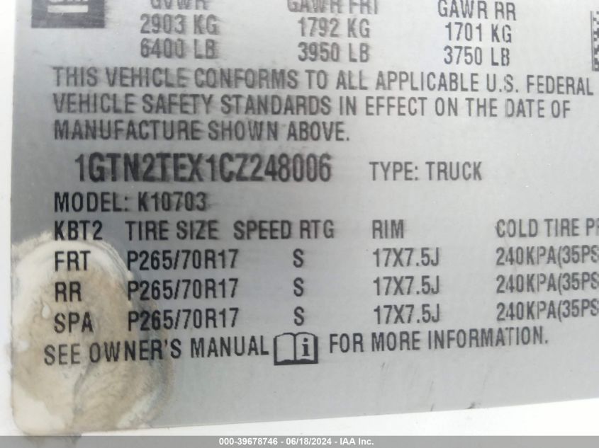 2012 GMC Sierra 1500 Work Truck VIN: 1GTN2TEX1CZ248006 Lot: 39678746