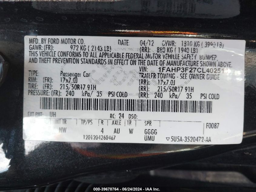 2012 Ford Focus Se VIN: 1FAHP3F27CL402518 Lot: 39678764