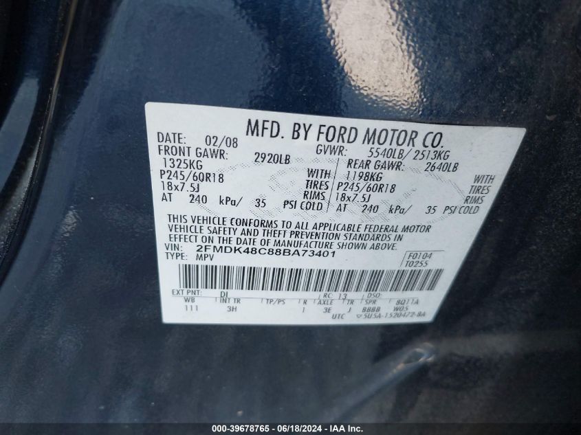 2008 Ford Edge Sel VIN: 2FMDK48C88BA73401 Lot: 39678765