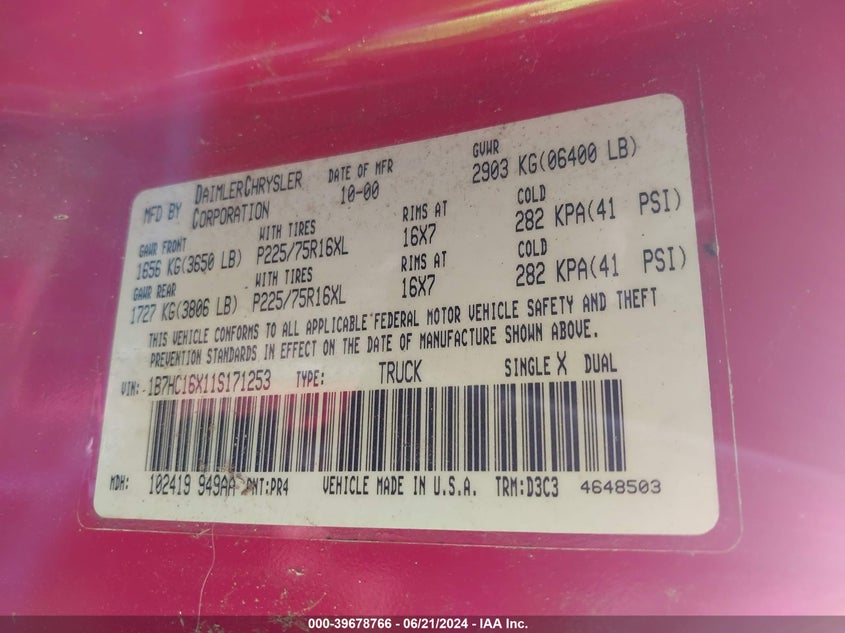 2001 Dodge Ram 1500 St/Ws VIN: 1B7HC16X11S171253 Lot: 39678766