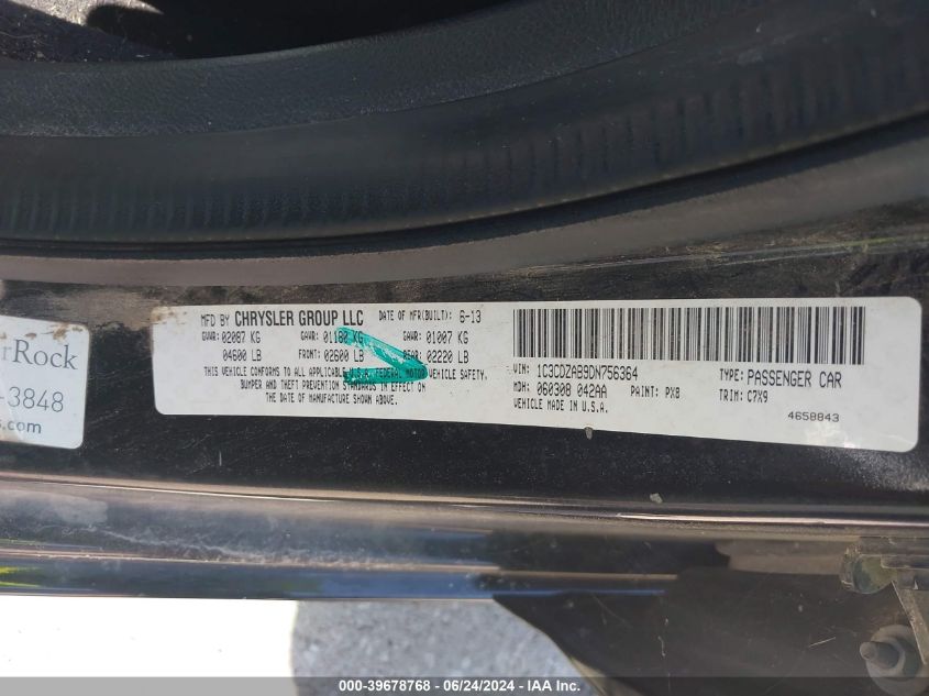 2013 Dodge Avenger Se VIN: 1C3CDZAB9DN756364 Lot: 39678768