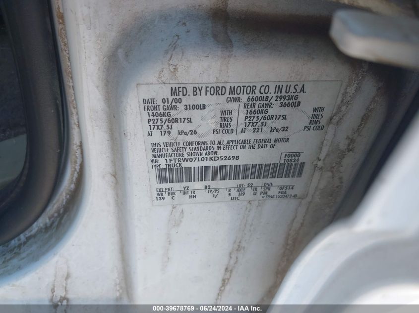 2001 Ford F-150 Harley-Davidson Edition/King Ranch Edition/Lariat/Xlt VIN: 1FTRW07L01KD52698 Lot: 39678769