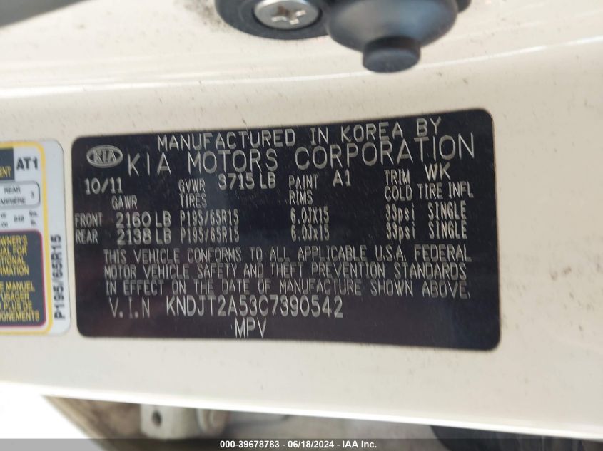 2012 Kia Soul VIN: KNDJT2A53C7390542 Lot: 39678783