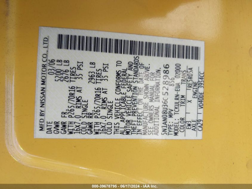 2006 Nissan Xterra S VIN: 5N1AN08U36C528986 Lot: 39678795