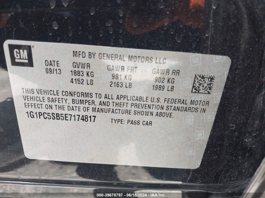 2014 Chevrolet Cruze 1Lt Auto VIN: 1G1PC5SB5E7174817 Lot: 39678797