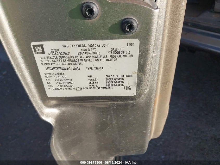 2002 Chevrolet Silverado 2500Hd Ls VIN: 1GCHC29G52E170947 Lot: 39678806