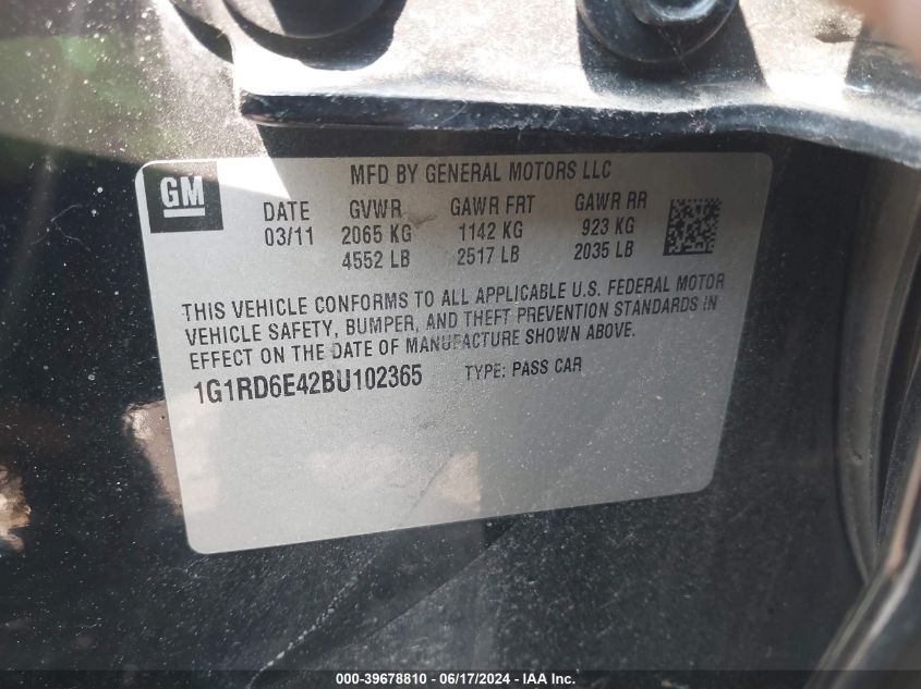 2011 Chevrolet Volt VIN: 1G1RD6E42BU102365 Lot: 39678810