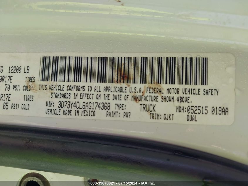 2010 Dodge Ram 3500 Laramie VIN: 3D73Y4CL6AG174368 Lot: 39678821