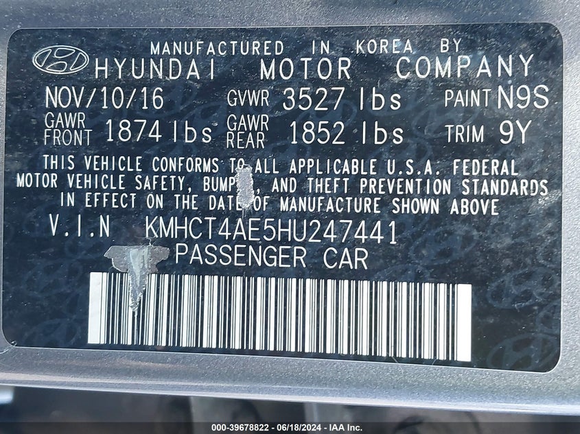 2017 Hyundai Accent Se VIN: KMHCT4AE5HU247441 Lot: 39678822