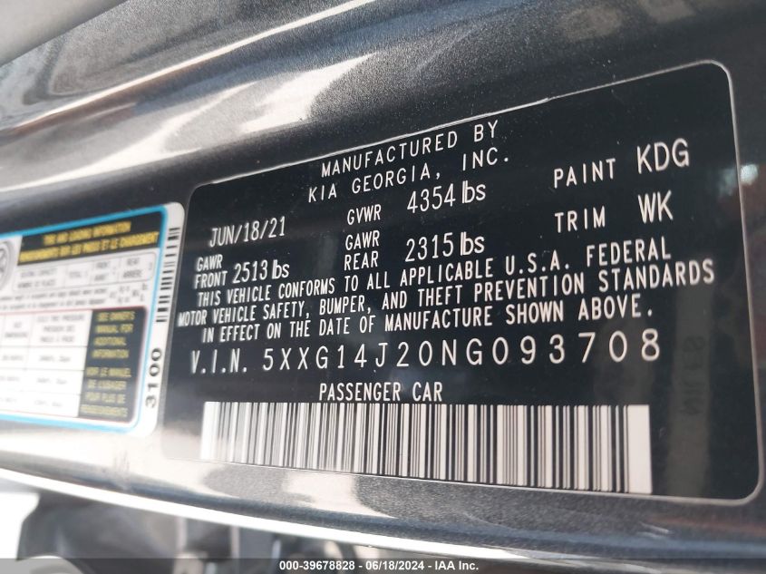 2022 Kia K5 Lxs VIN: 5XXG14J20NG093708 Lot: 39678828