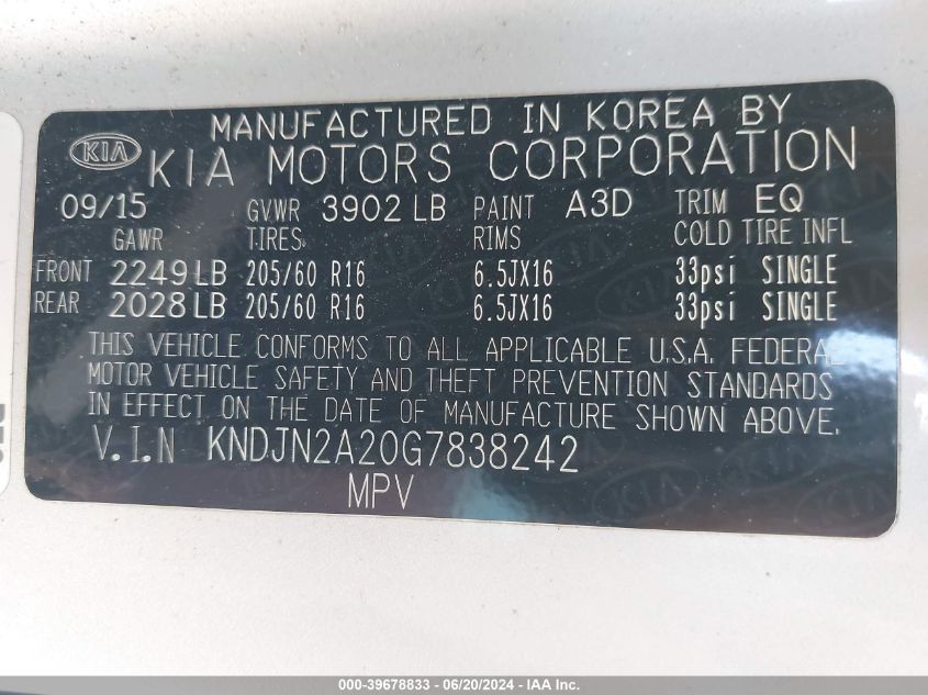 2016 Kia Soul VIN: KNDJN2A20G7838242 Lot: 39678833