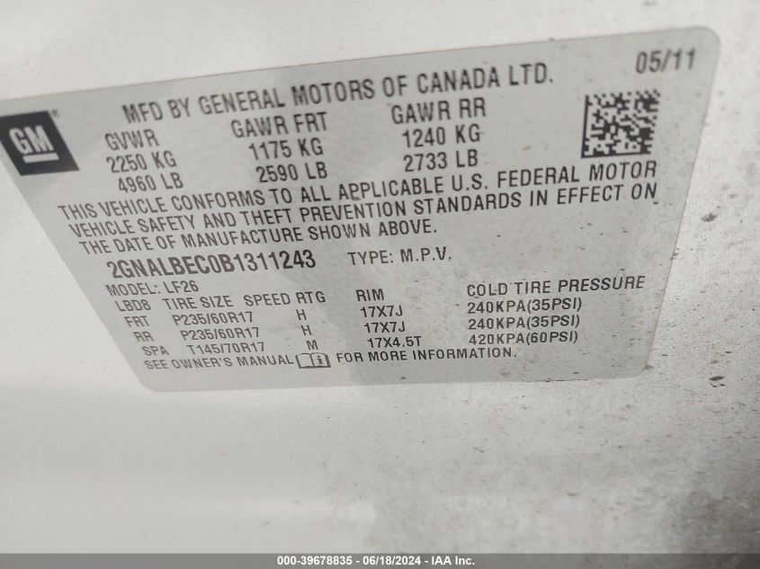 2011 Chevrolet Equinox Ls VIN: 2GNALBEC0B1311243 Lot: 39678835