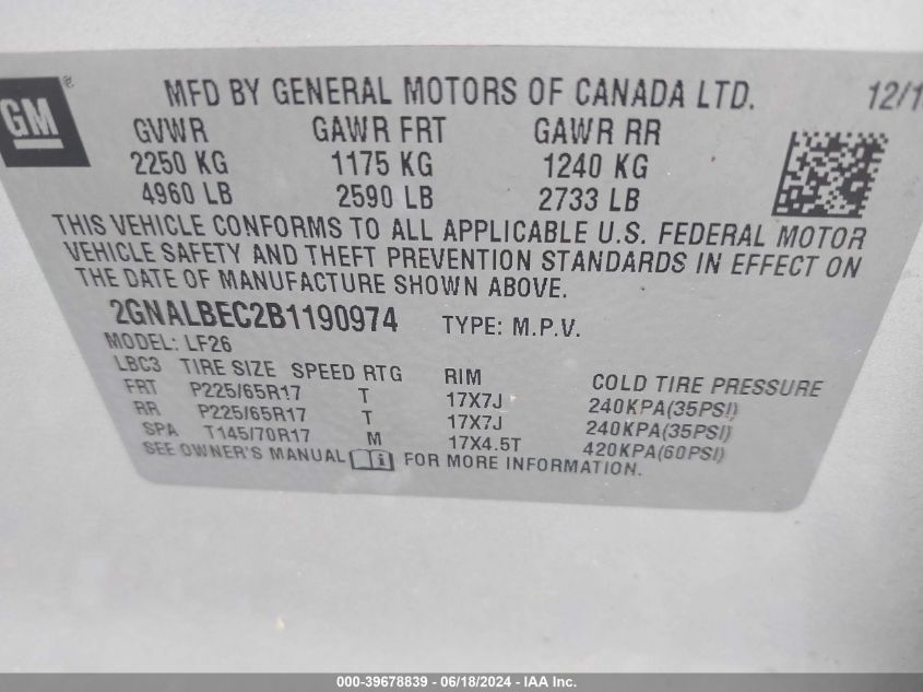 2GNALBEC2B1190974 2011 Chevrolet Equinox Ls