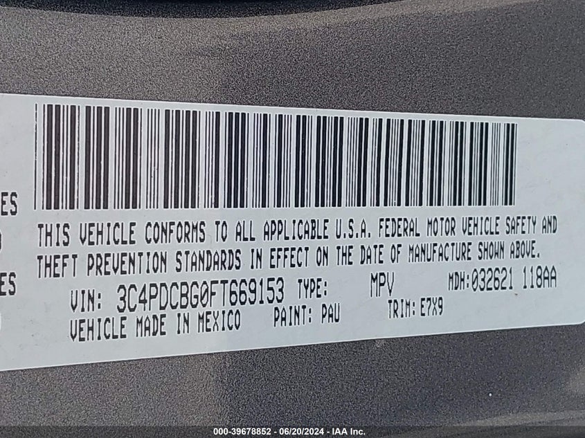 2015 Dodge Journey Sxt VIN: 3C4PDCBG0FT669153 Lot: 39678852
