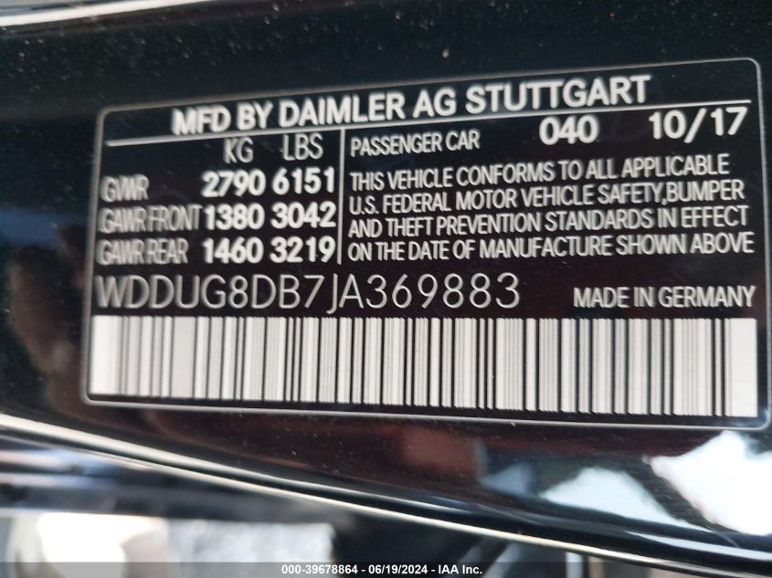 2018 Mercedes-Benz S 560 VIN: WDDUG8DB7JA369883 Lot: 39678864