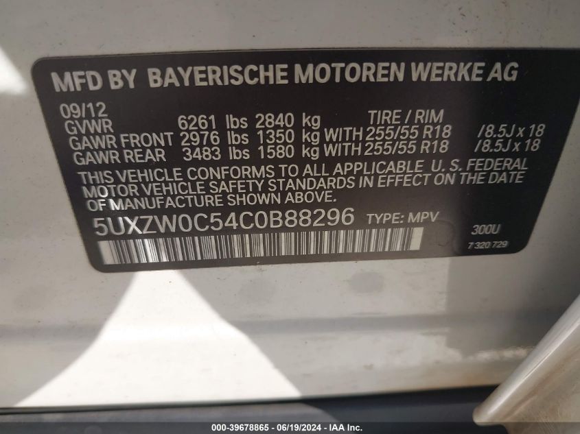 2012 BMW X5 xDrive35D VIN: 5UXZW0C54C0B88296 Lot: 39678865