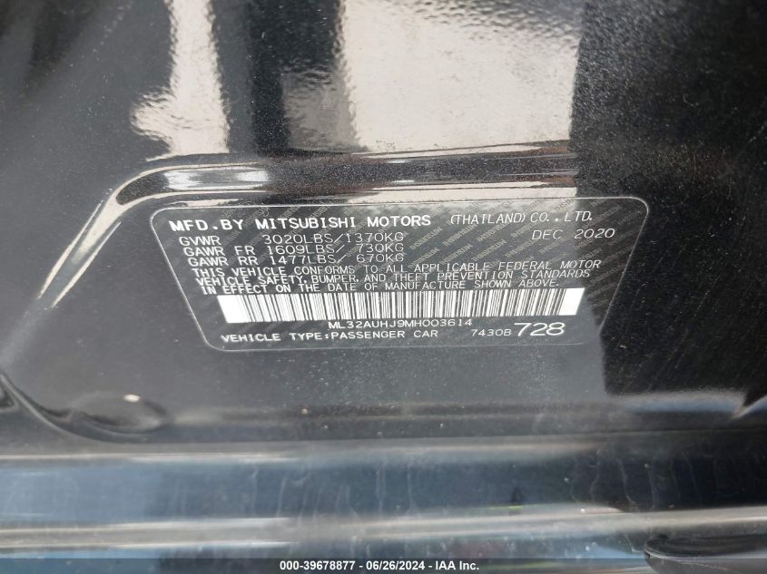 2021 Mitsubishi Mirage Es/Le/Carbonite Edition VIN: ML32AUHJ9MH003614 Lot: 39678877