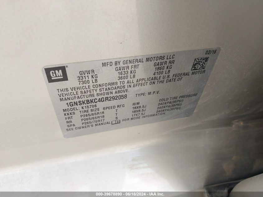 2016 CHEVROLET TAHOE LT - 1GNSKBKC4GR292058