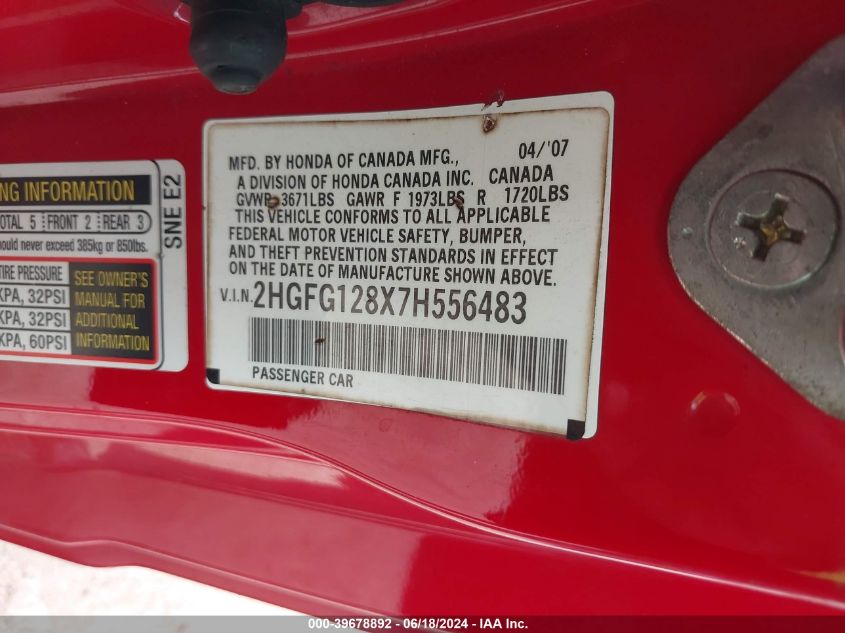 2007 Honda Civic Ex VIN: 2HGFG128X7H556483 Lot: 39678892