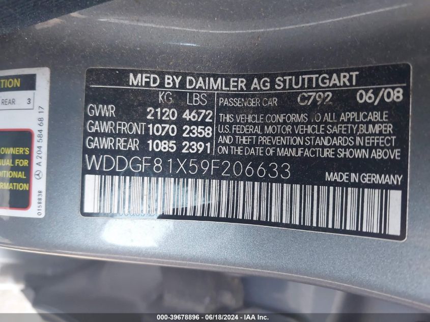 2009 Mercedes-Benz C 300 Luxury 4Matic/Sport 4Matic VIN: WDDGF81X59F206633 Lot: 39678896