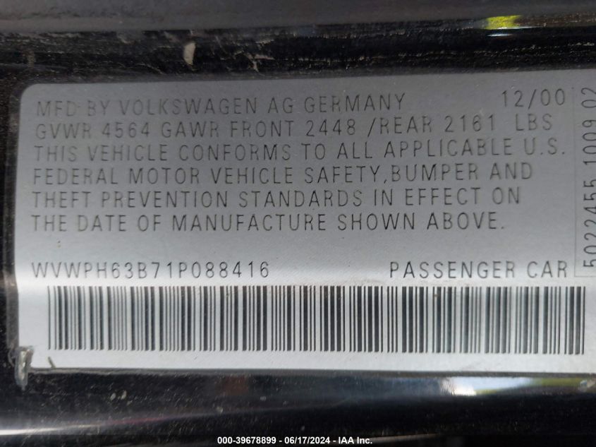 2001 Volkswagen Passat Gls V6 VIN: WVWPH63B71P088416 Lot: 39678899