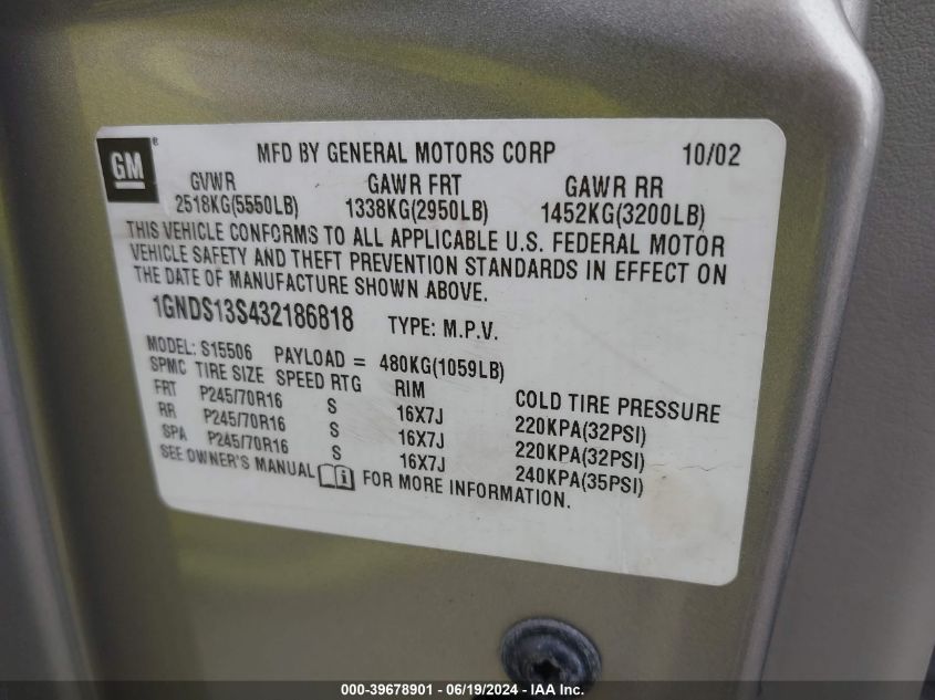 2003 Chevrolet Trailblazer VIN: 1GNDS13S432186818 Lot: 39678901