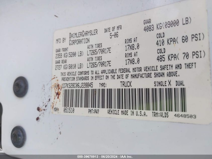 2006 Dodge Ram 2500 Laramie VIN: 1D7KS28C06J228845 Lot: 39678913