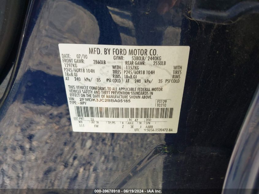 2011 Ford Edge Sel VIN: 2FMDK3JC2BBA05185 Lot: 39678918