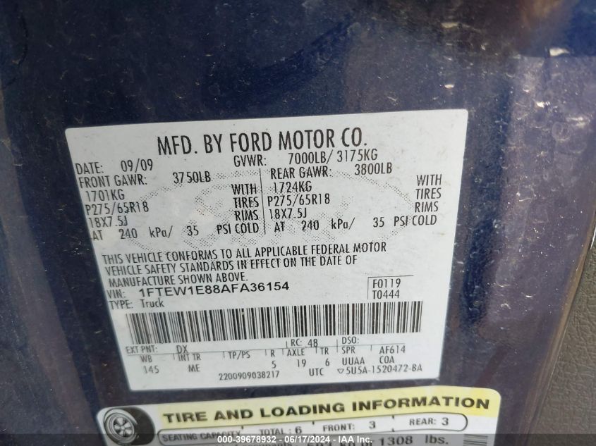 2010 Ford F-150 Xl/Xlt VIN: 1FTEW1E88AFA36154 Lot: 39678932