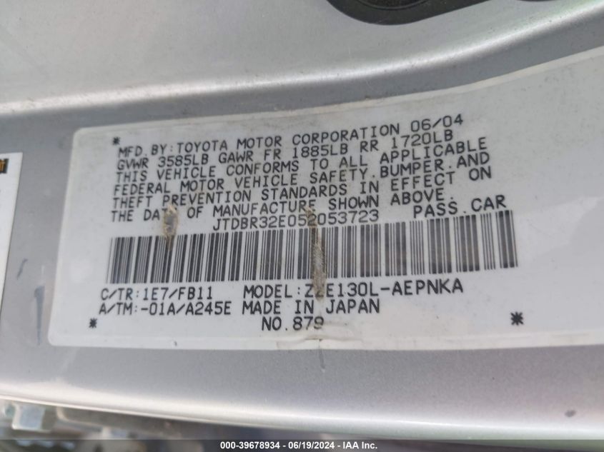 2005 Toyota Corolla Le VIN: JTDBR32E052053723 Lot: 39678934