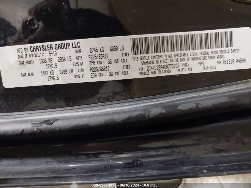 2013 Chrysler Town & Country Touring VIN: 2C4RC1BG4DR775797 Lot: 39678935