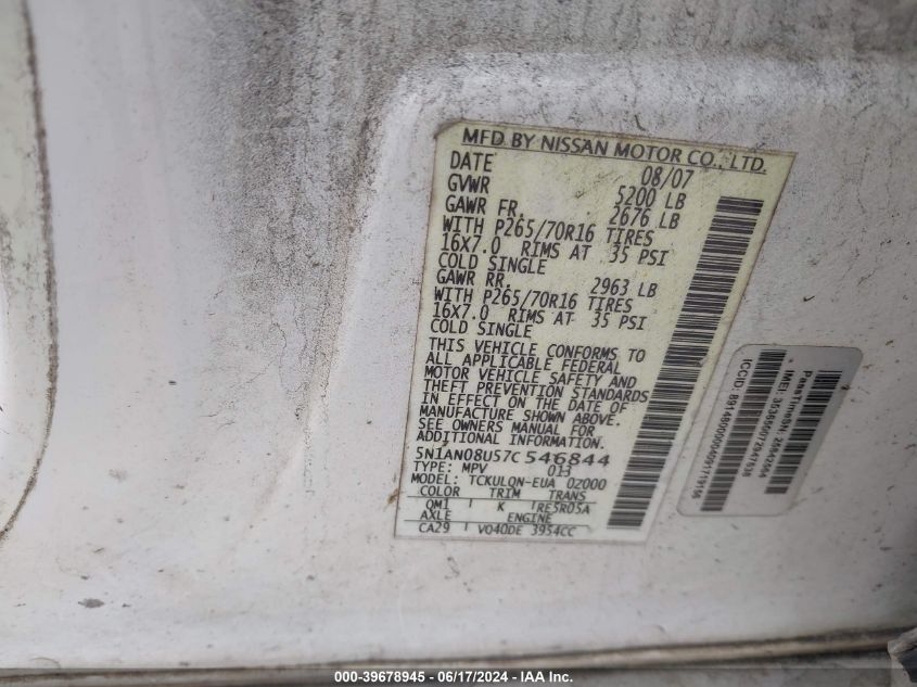 2007 Nissan Xterra X VIN: 5N1AN08U57C546844 Lot: 39678945