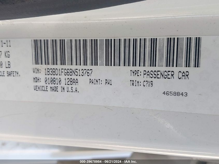 2011 Dodge Avenger Mainstreet VIN: 1B3BD1FG6BN513767 Lot: 39678954