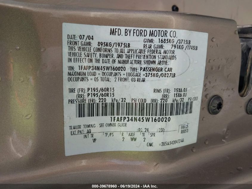 2005 Ford Focus Zx4 VIN: 1FAFP34N45W160020 Lot: 39678960