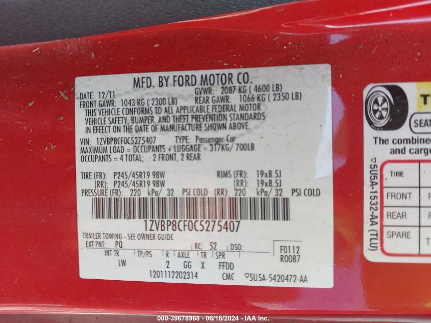 2012 Ford Mustang Gt Premium VIN: 1ZVBP8CF0C5275407 Lot: 39678968