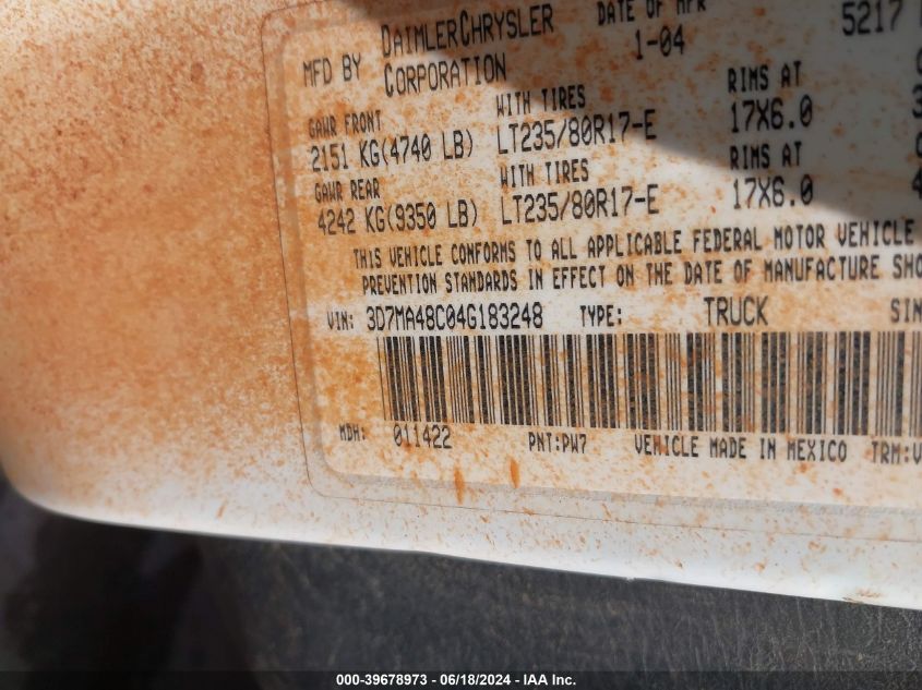2004 Dodge Ram 3500 Slt/Laramie VIN: 3D7MA48C04G183248 Lot: 39678973
